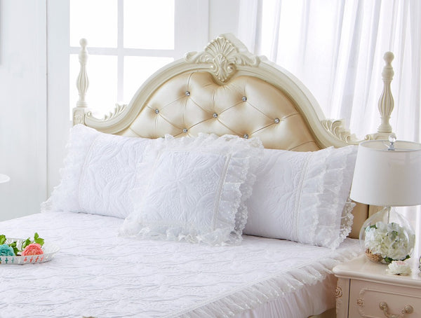 100% Cotton Thick Quilted Lace Bedding Set Ruffles Lace Style - sleeklinen