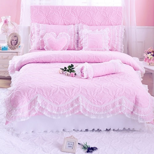 100% Cotton Thick Quilted Lace Bedding Set Princes Style kids/ Teens - sleeklinen