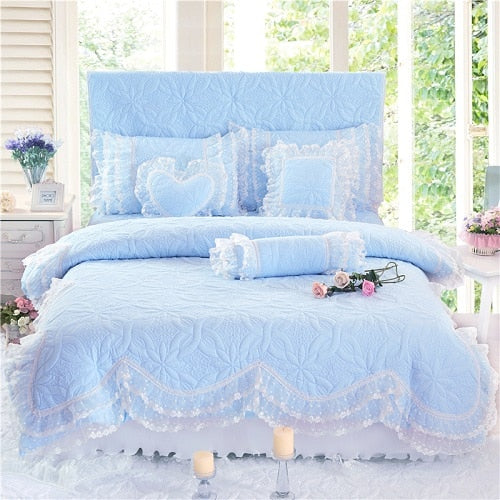 100% Cotton Thick Quilted Lace Bedding Set Princes Style kids/ Teens - sleeklinen