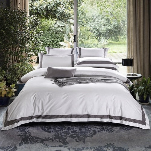 100% Egyptian Cotton Hotel Style Framed White Bedding Set - sleeklinen