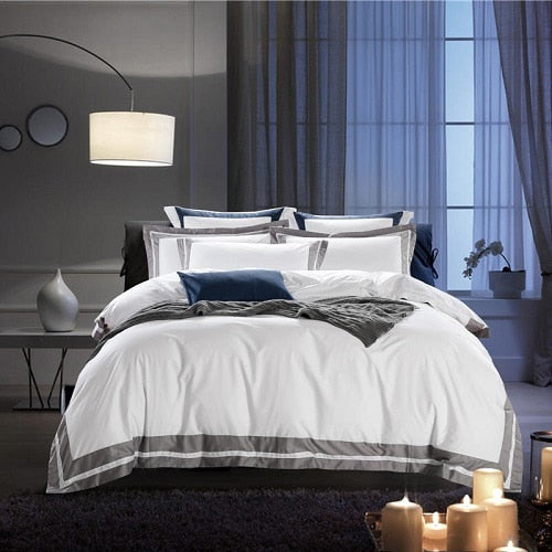 100% Egyptian Cotton Hotel Style Framed White Bedding Set - sleeklinen