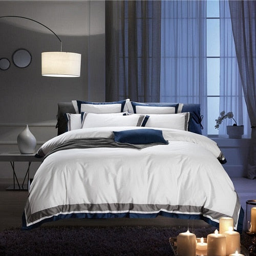 100% Egyptian Cotton Hotel Style Framed White Bedding Set - sleeklinen