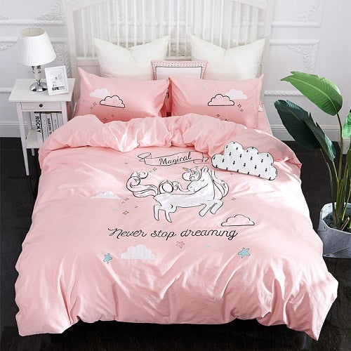 100% Cotton Kids Girls Pink Cat/ Unicorn Bedding Set - sleeklinen